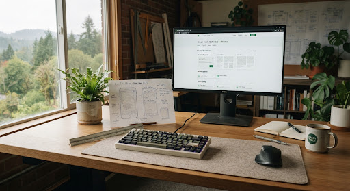 A sunlit green worktable with a fern, keyboard, and sketches in a quiet software workshop